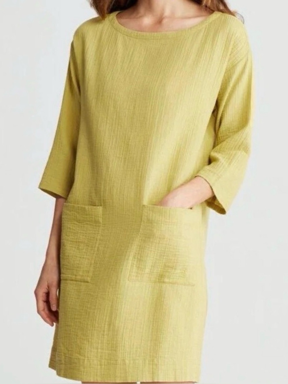 Eileen Fisher Olive-Mustard Relaxed Pocket Boatneck tunic dress